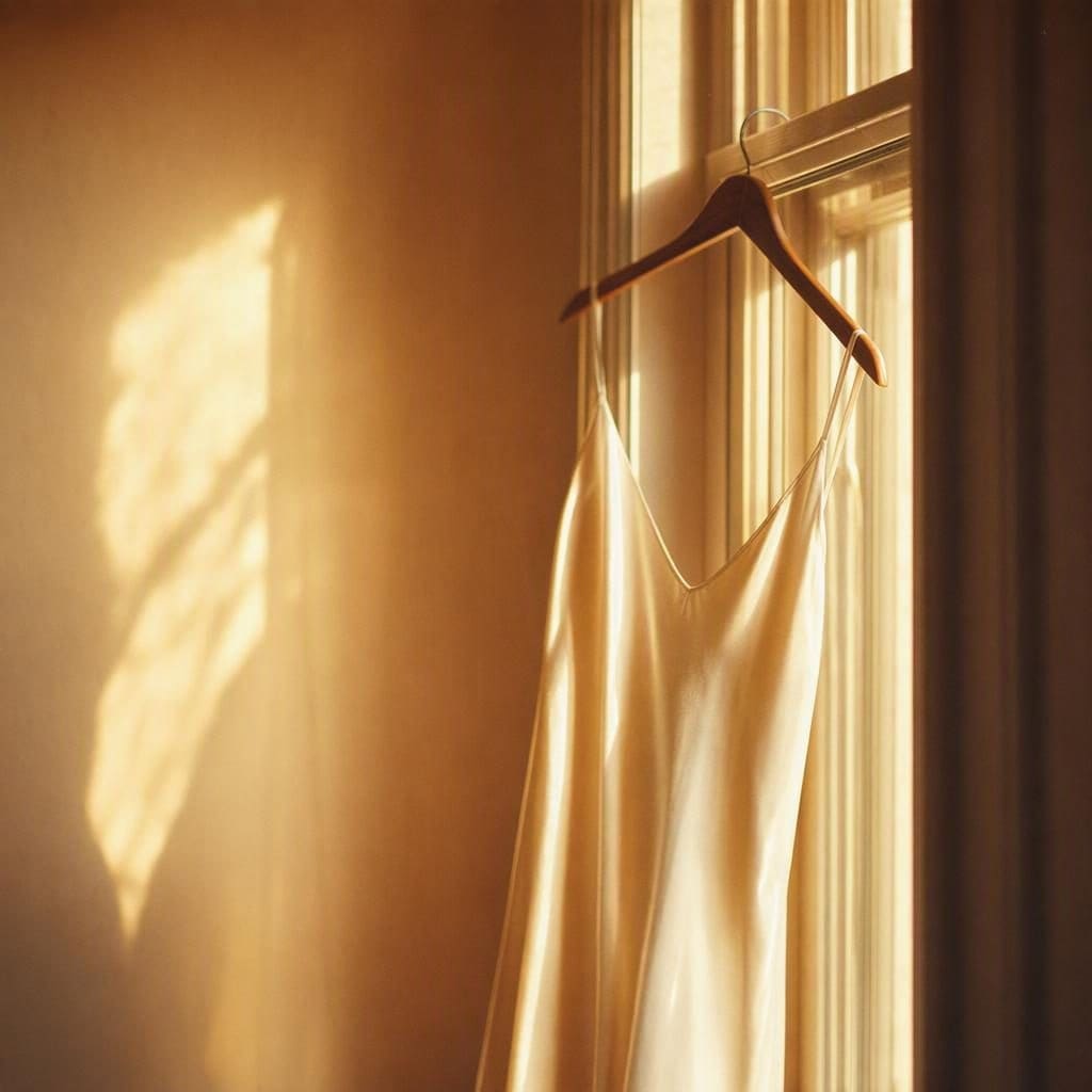 A white silk slip dress on a wooden hanger, hooked on a tall window frame, with late afternoon sun raking across the fabric and a leaf shadow falling on the wall behind.