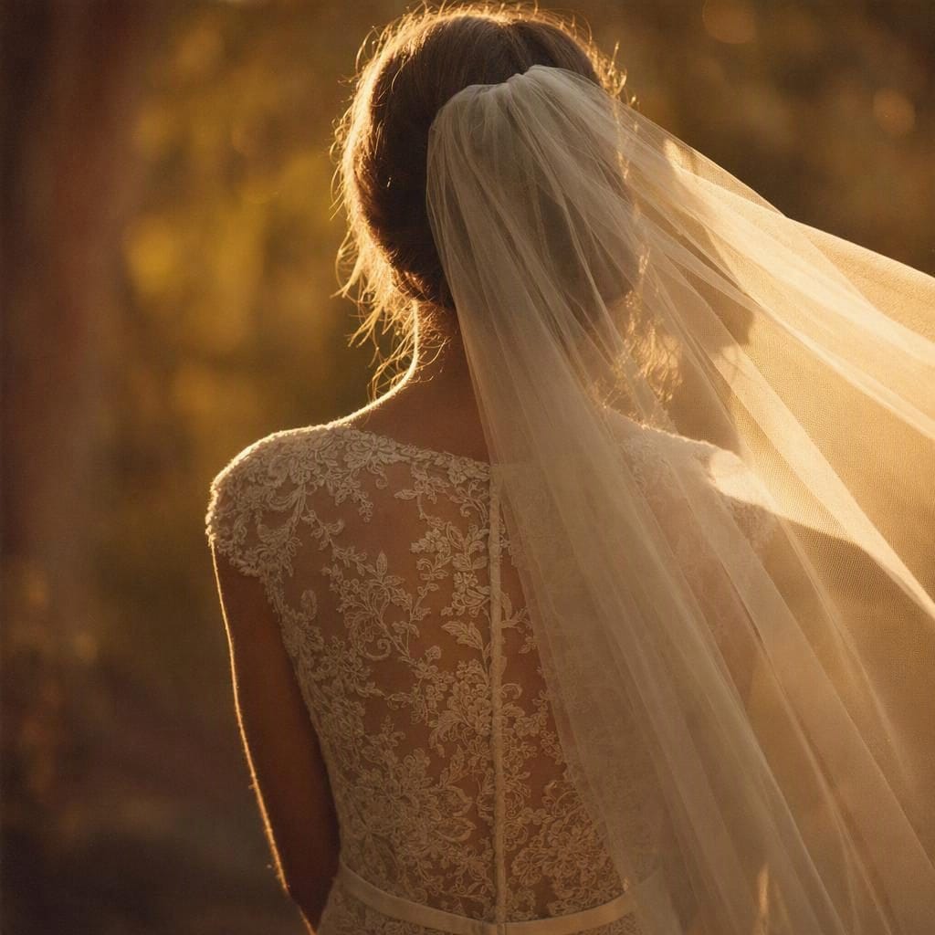 A bride seen from behind at golden hour, her veil lifting and catching the low sun over the back of a lace gown.