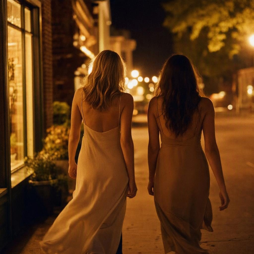 Two women in evening dresses walking away together along a warmly lit small-town street at night, past a lit shopfront.