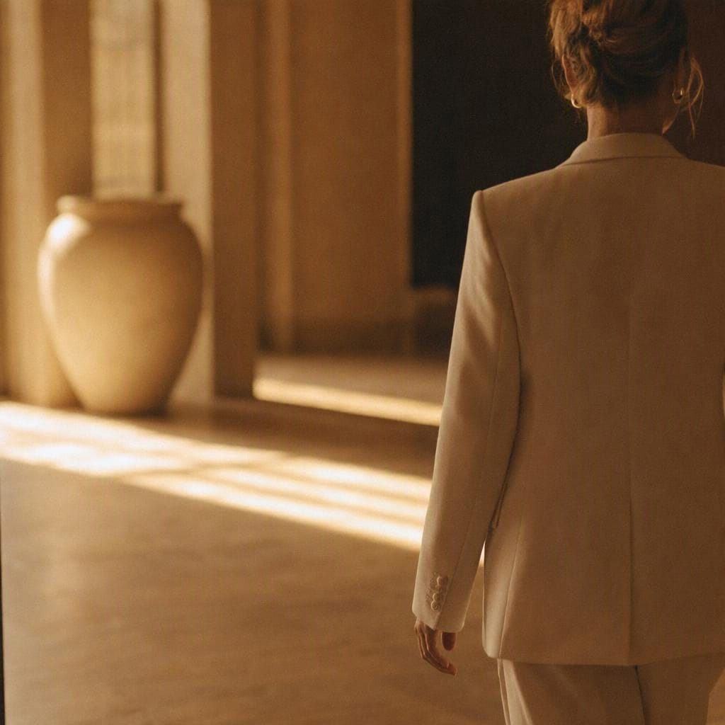 A woman in a cream blazer walking through a warm, softly lit interior, seen from behind, with low sun falling in bands across a stone floor.