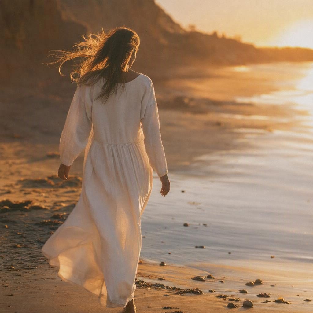 A woman in a long white linen dress walking away along the shoreline at sunset, seen from behind, with low golden light across the wet sand.