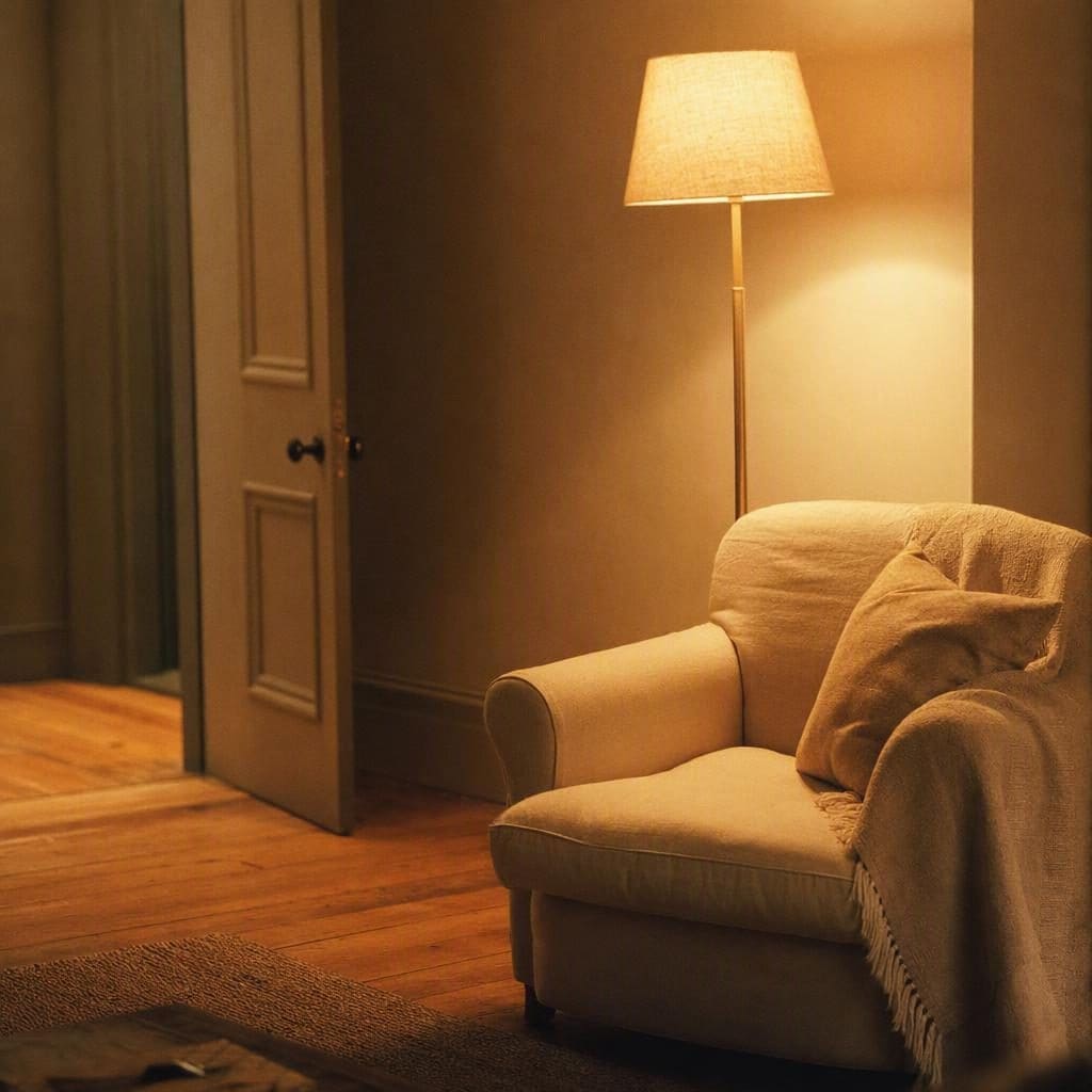 A quiet corner of a small studio with a doorway, a lit floor lamp with a linen shade and a soft chair, in warm evening light on a wooden floor.
