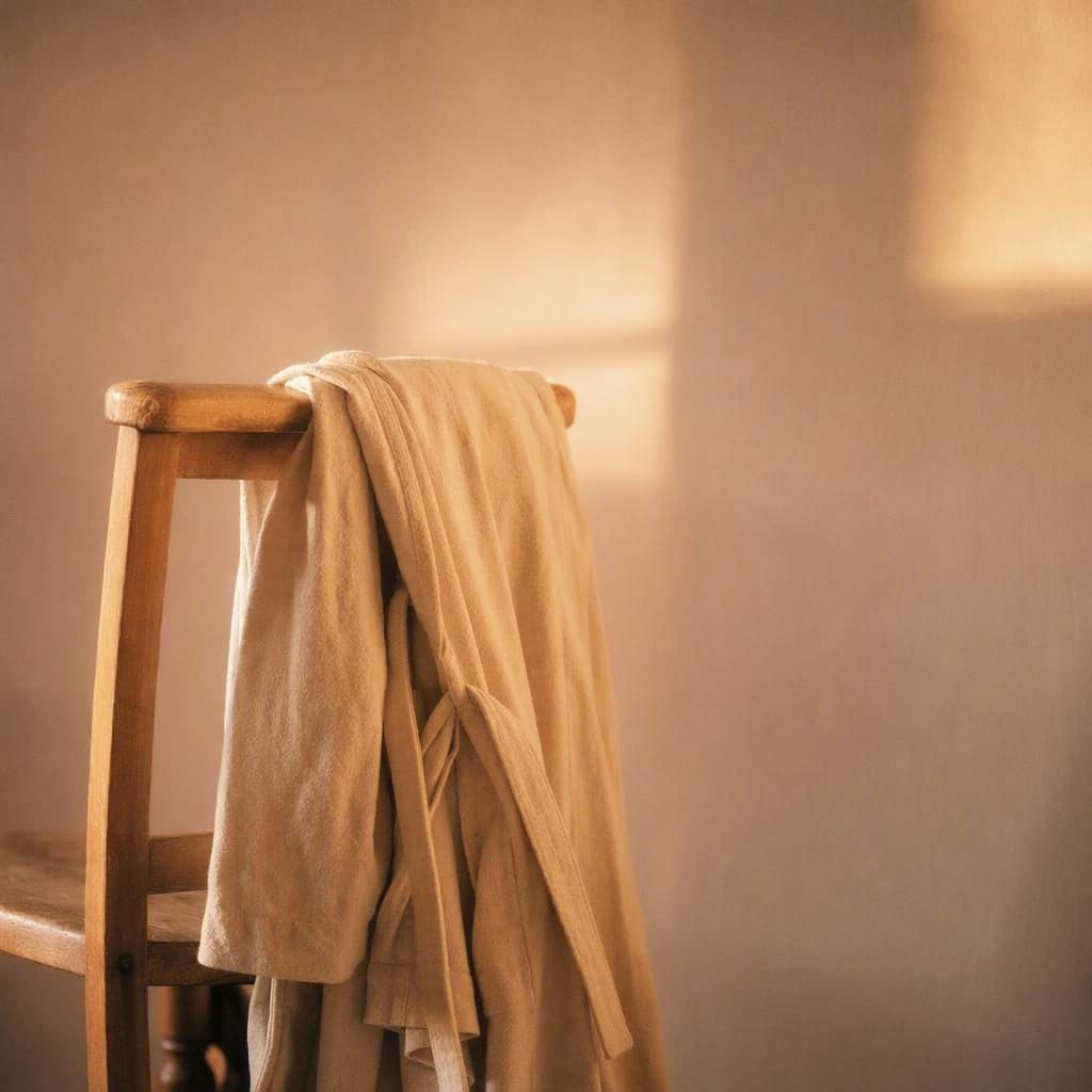 A soft cream cotton robe hung over the back of a simple wooden chair against a plain warm wall.