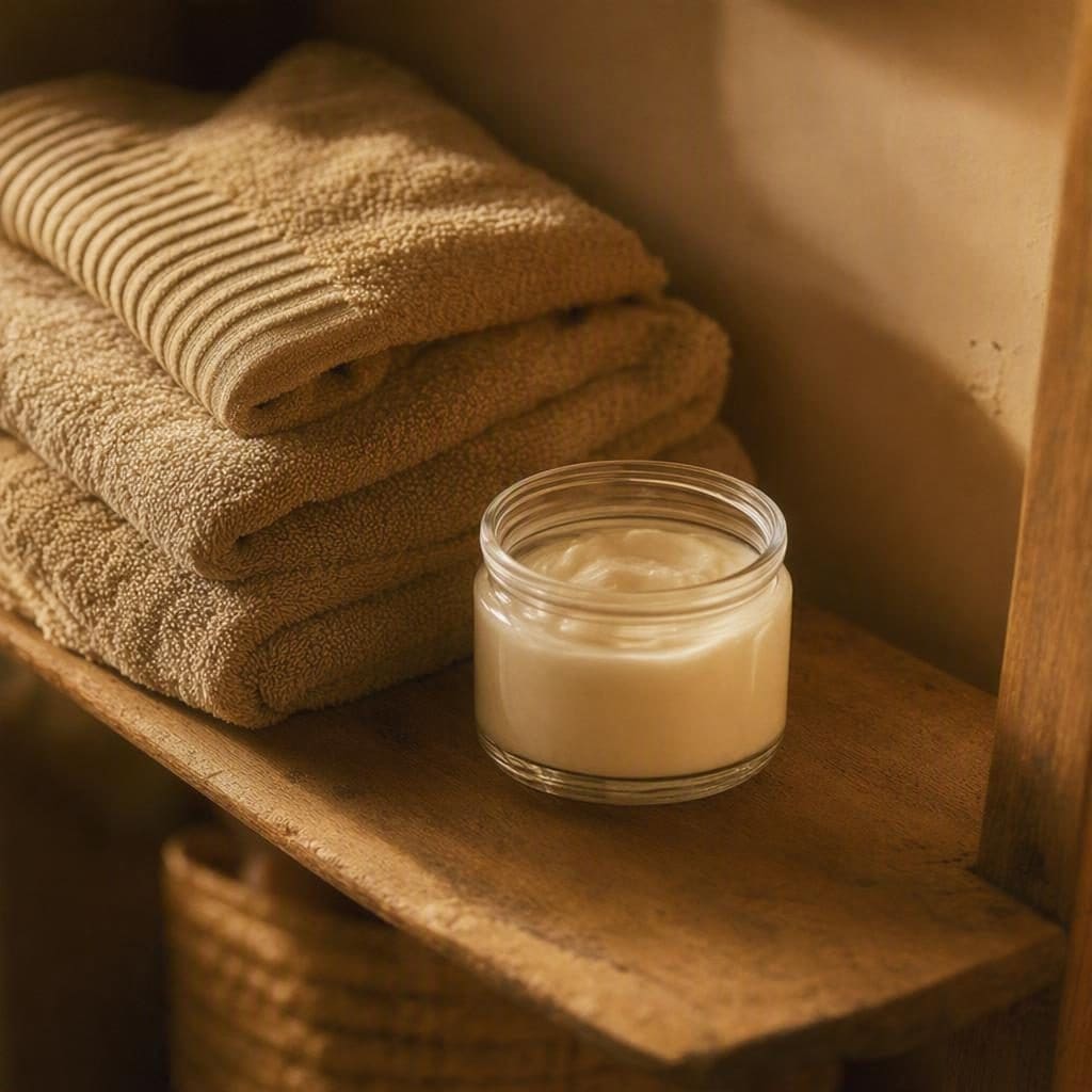 Folded towels and a plain glass jar of moisturiser on a worn wooden bathroom shelf in warm side light.