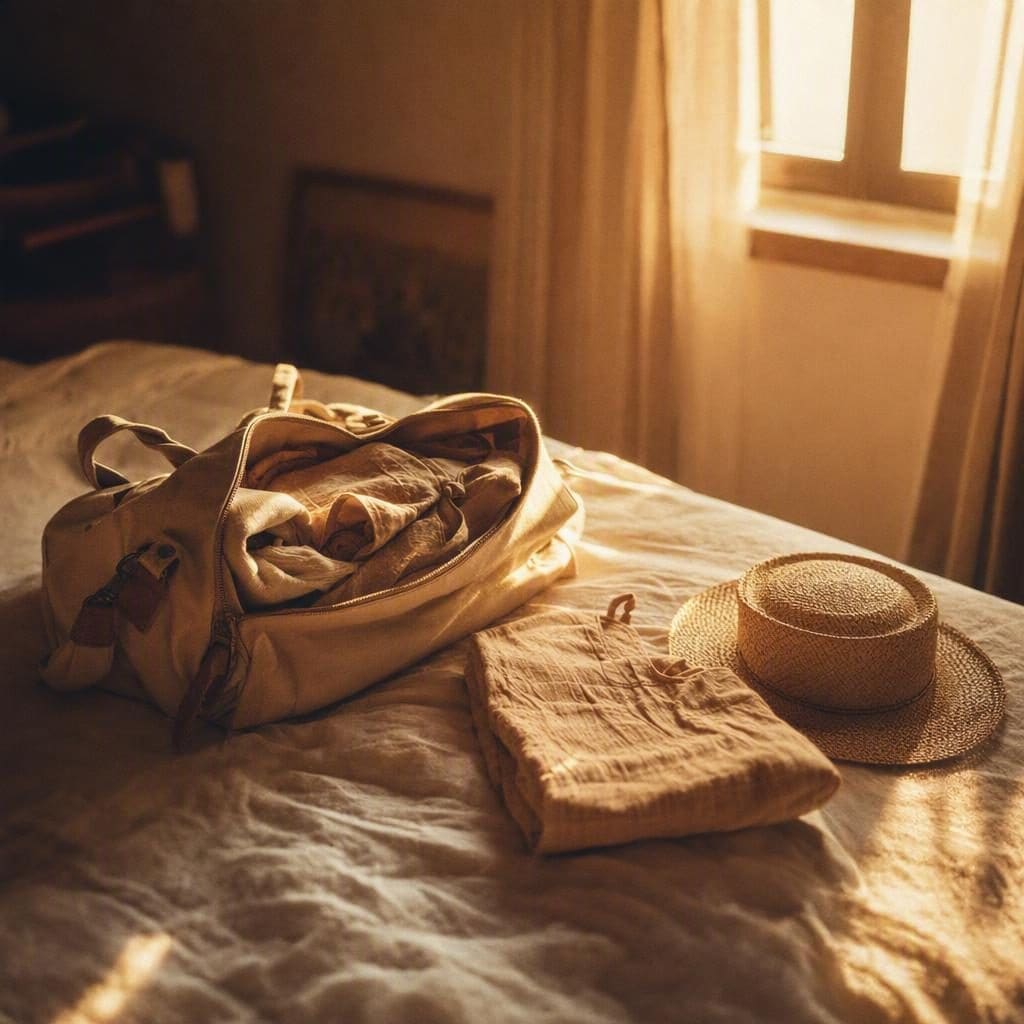 An open canvas weekend bag on a bed beside a folded linen dress and a straw hat, in late afternoon light from an ordinary bedroom window.