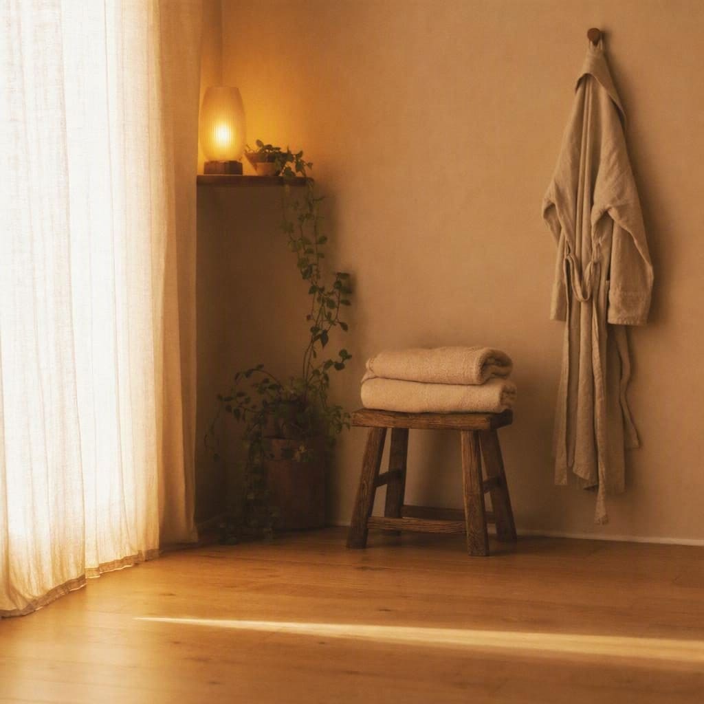 The corner of a small private room, lit by daylight through a pale linen curtain, with folded towels on a wooden stool, a trailing plant and a cream robe hung on the wall.